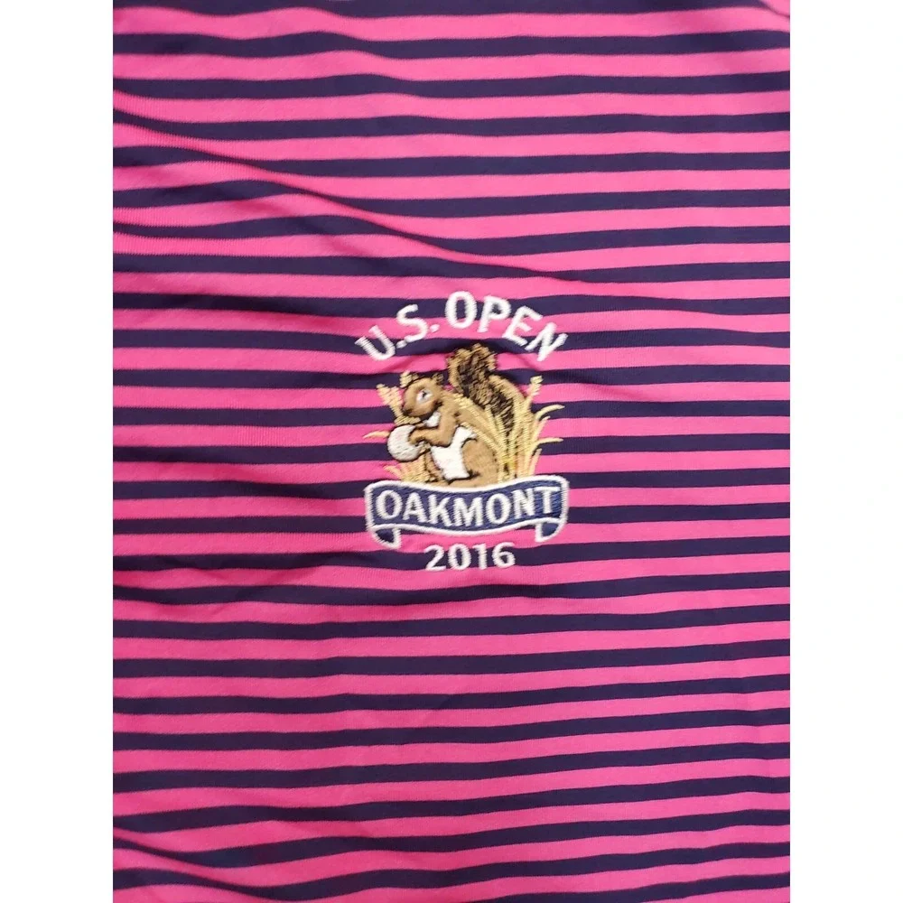RLX Ralph Lauren Polo Shirt Men's Large Purple Striped US Open Oakmont 2016 Golf